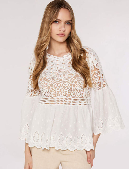 Crochet lace, folk border, bell sleeve top - White