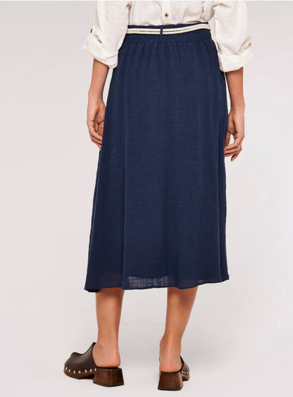 Rope Belt Cotton Midi Skirt -  Blue