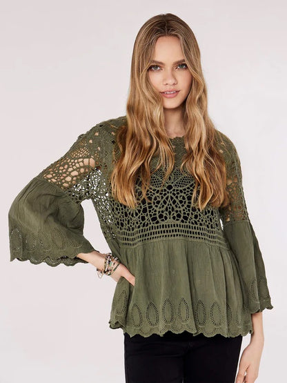 Crochet lace, folk border, bell sleeve top - Khaki