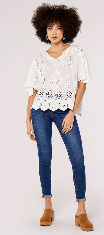 White Apricot Embroider Cotton V Neck Top