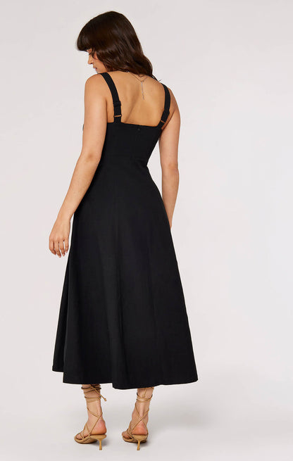 Panel Linen Midi Dress -  Black