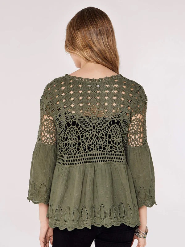 Crochet lace, folk border, bell sleeve top - Khaki