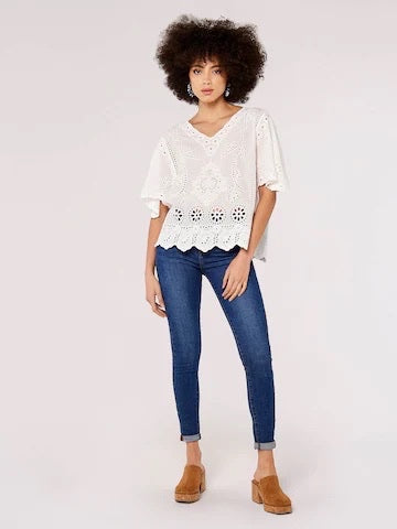 White Apricot Embroider Cotton V Neck Top