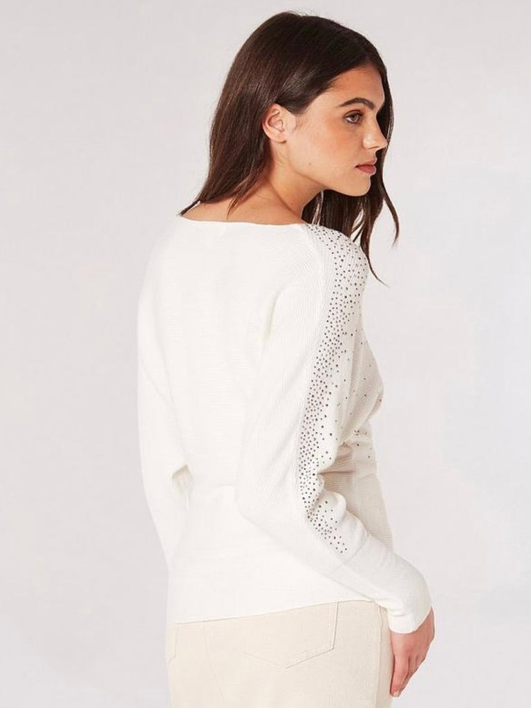 Stud Neckline Ribbed Batwing Jumper