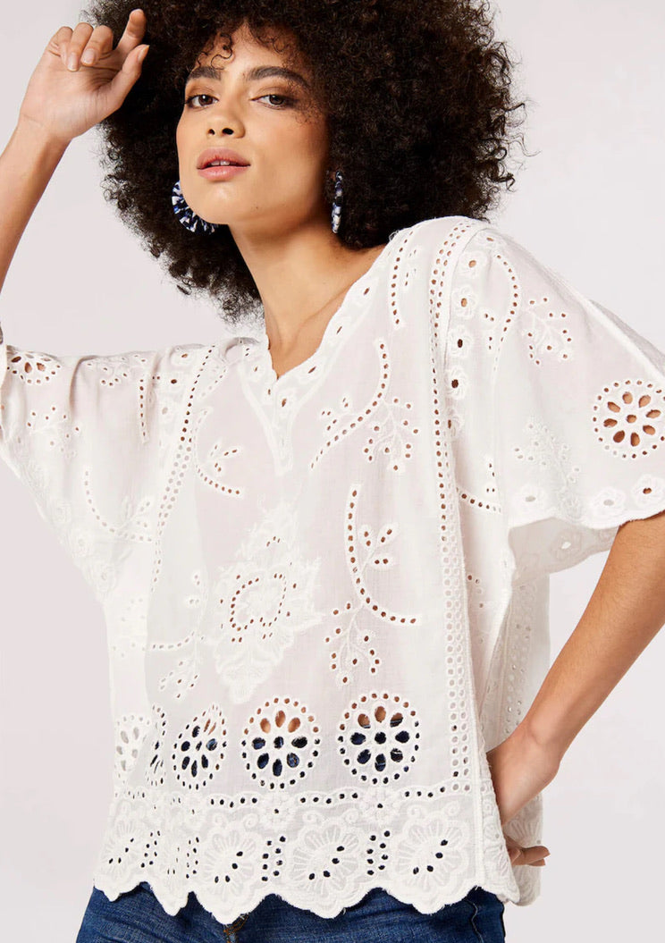 White Apricot Embroider Cotton V Neck Top