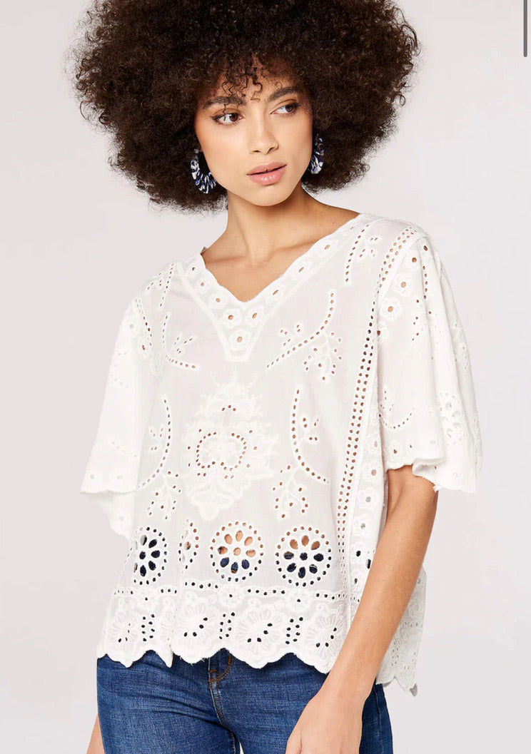 White Apricot Embroider Cotton V Neck Top