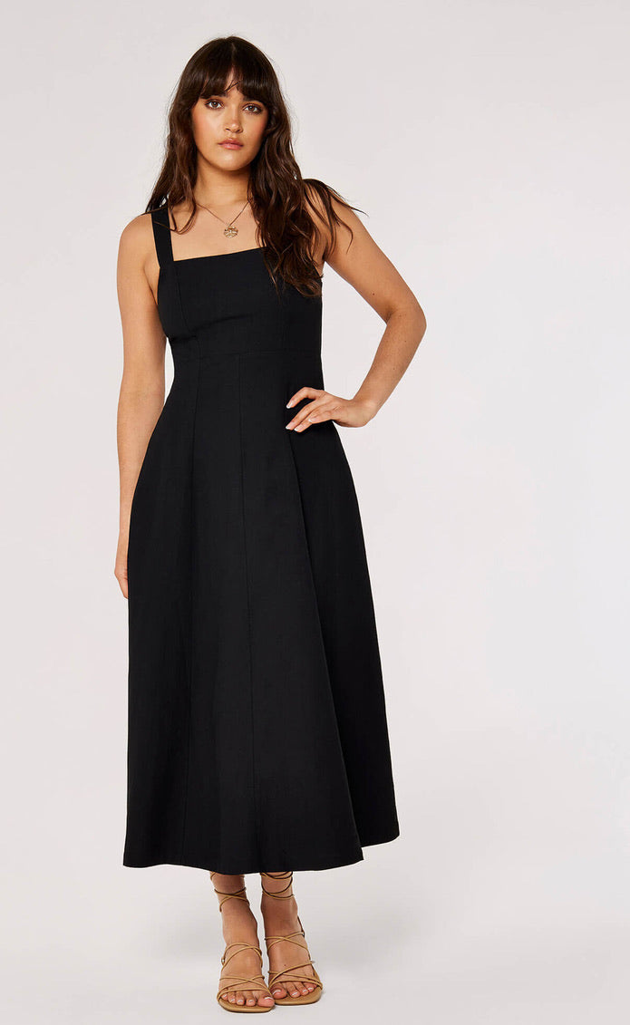 Panel Linen Midi Dress -  Black