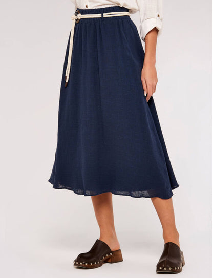 Rope Belt Cotton Midi Skirt -  Blue