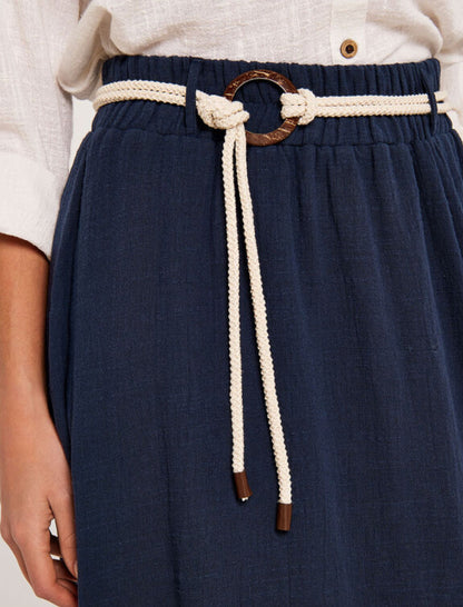 Rope Belt Cotton Midi Skirt -  Blue