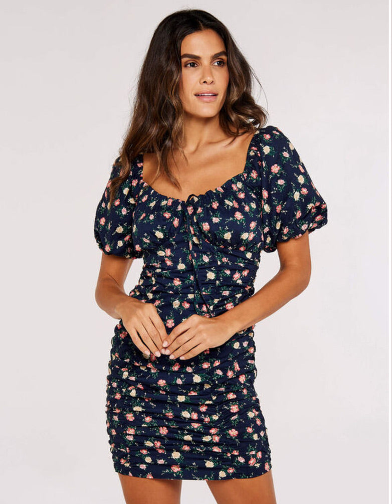 Floral Milkmaid Mini Dress - Navy