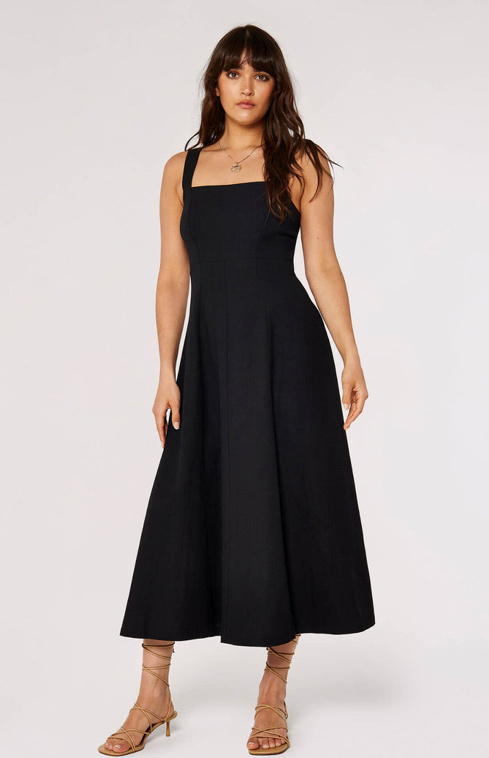 Panel Linen Midi Dress -  Black