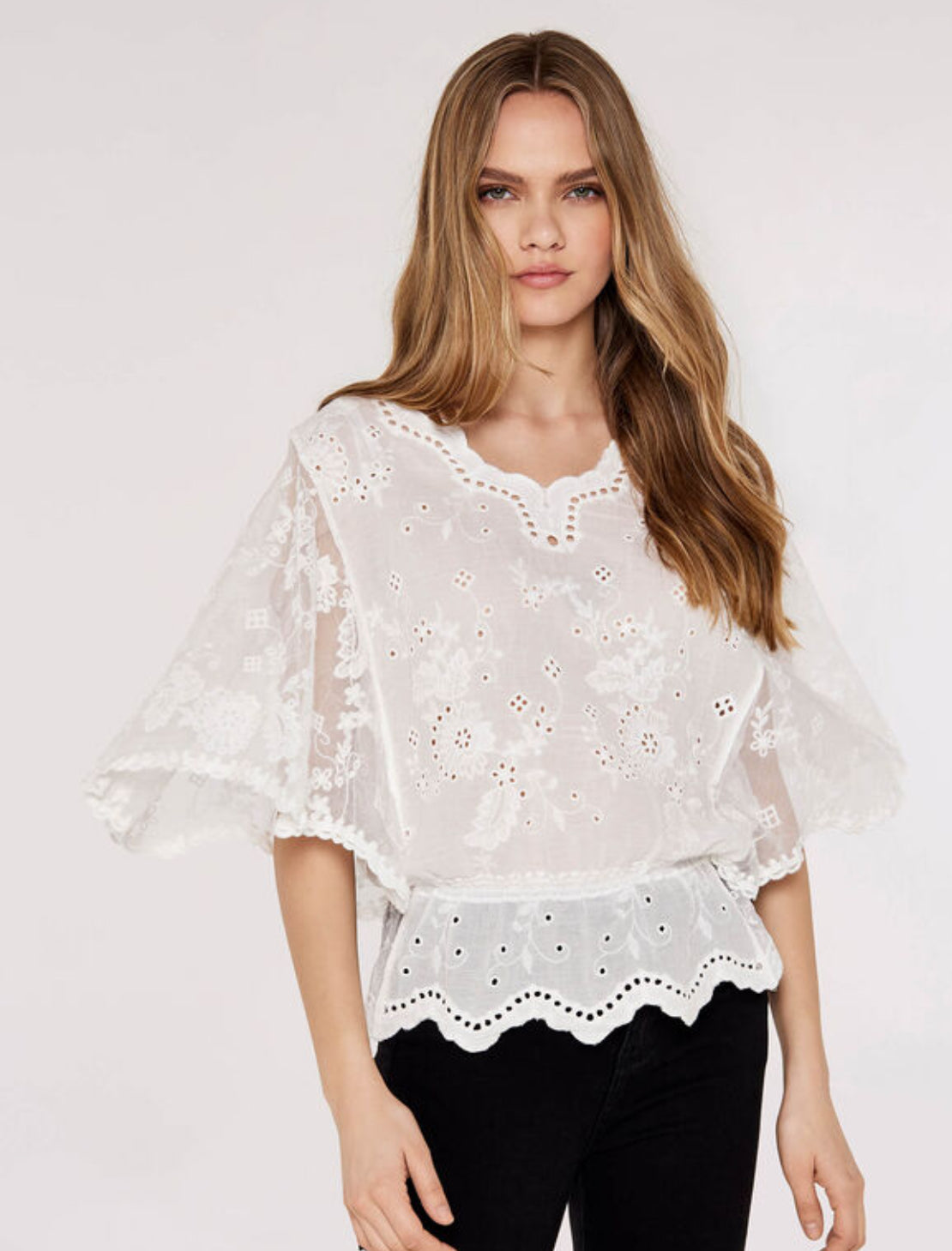 White Floral Broderie Batwing Top