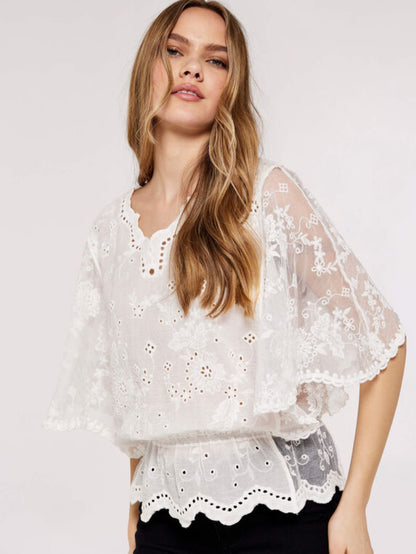 White Floral Broderie Batwing Top