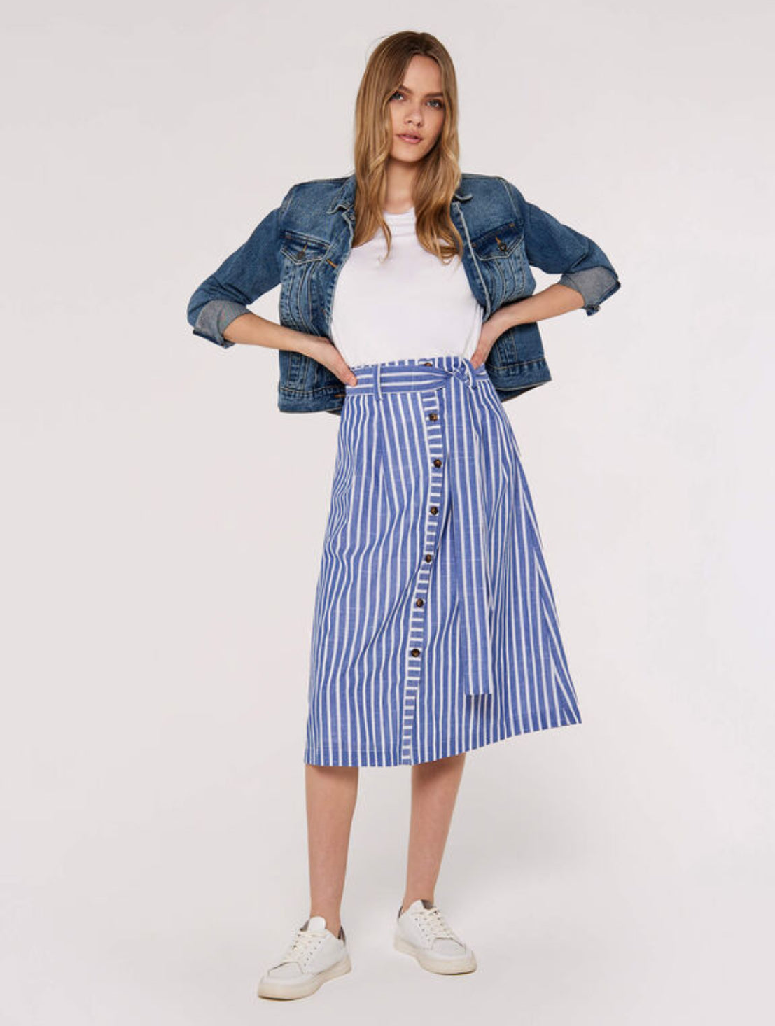 Woven Stripe Button through Midi Skirt