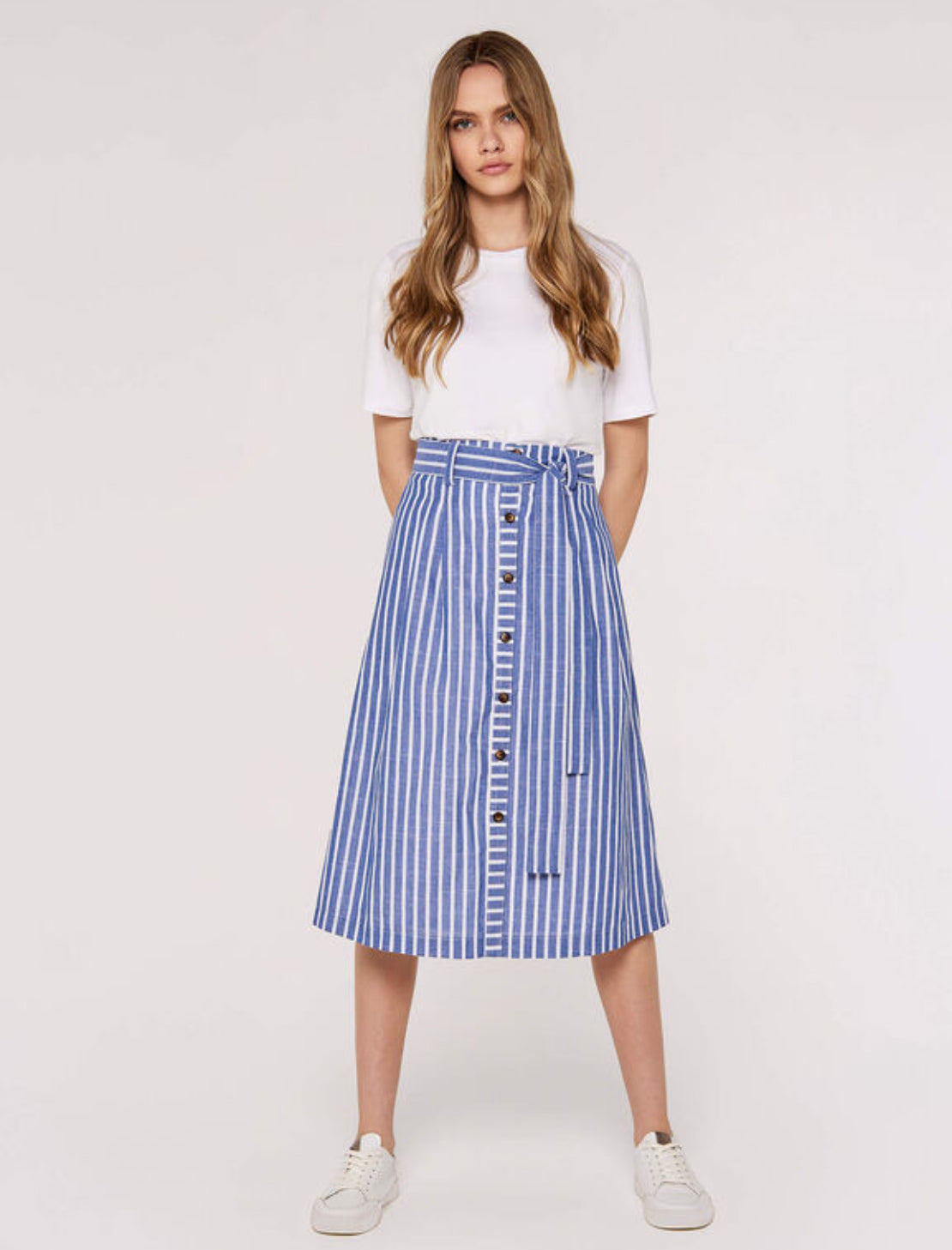 Woven Stripe Button through Midi Skirt