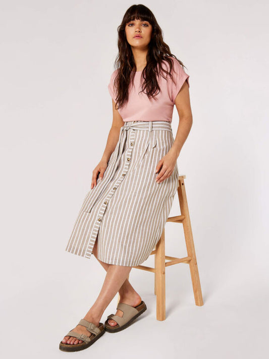 Woven Stripe Button through Midi Skirt Stone