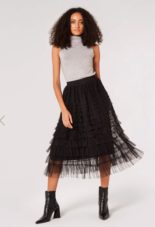 Tulle Ruffle Tiered Midi Skirt